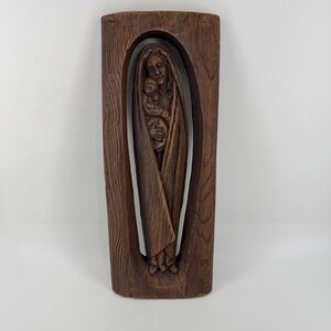 Vintage Hand-Carved Wooden Sculpture Virgin Mary (Madonna) With Baby Jesus 23”